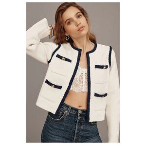 NWT *Small Flaw* Anthopologie Maeve Collarless Tipped Knit Jacket Cream White XS